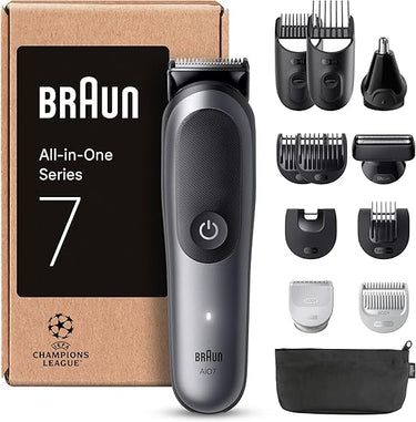 Braun Recortadora Todo En Uno Series 7 AIO7545, Kit De Styling 12en1 Para Barba, Pelo, Orejas, Nariz y Cuerpo, 14 Longitudes, 120 Min De Autonomía, Gris, El embalaje puede variar